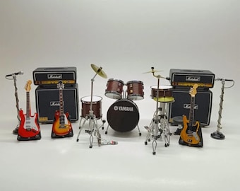 Miniature Drum Set Ya Maha Wooden | Mini Drum Kit with Guitars and Amplifier 1:12  | Birthday Gift Music Instrument Desk & Shelf Display