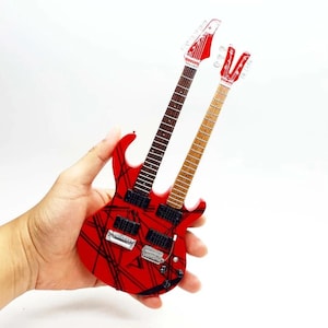 Miniature Guitar E V H Double Neck Red Scale 1:4 | Mini Electric Guitar Handmade Wood | Guitarist Birthday Gift Music Desk Display