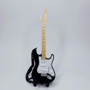 Miniature Guitar Stratocaster Black White Scale 1:4 - Mini Electric Guitar Handmade Wood - Guitarist Birthday Gift Music Desk Shelf Display