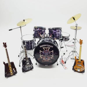 Miniature Drum Set Motorhead | Mini Drum Kit with Guitars and Bass Scale 1:12  | Birthday Gift Music Instrument Desk and Shelf Display