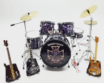 Miniature Drum Set Motorhead | Mini Drum Kit with Guitars and Bass Scale 1:12  | Birthday Gift Music Instrument Desk and Shelf Display