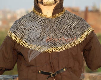 Aventail de cota de malla con borde de latón – Casco vikingo con anillo plano de 8 mm, réplica hecha a mano