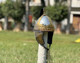 Medieval Conical Spangenhelm Helmet: Embossed Brass Accent, LARP Reenactment
