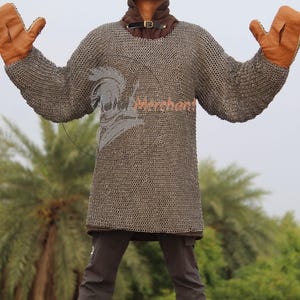 Chainmail shirt long sleeve Attached gloves 9mm flat ring dome riveted / Reenactment / Handmade