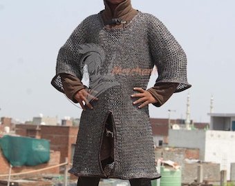 Titanium Chainmail Armor Shirt – 9mm Flat Ring Leather Edged Hauberk, Handmade Replica