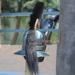 May include: A metallic blue Roman helmet with a black plume. The helmet has a gold-colored trim and is displayed outdoors. The image includes the text "Chill Merchant" in a circular watermark.
