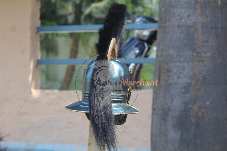 May include: A metallic blue Roman helmet with a black plume. The helmet has a gold-colored trim and is displayed outdoors. The image includes the text "Chill Merchant" in a circular watermark.
