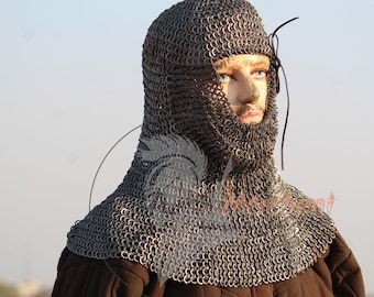 Mild Steel Chainmail Coif – Medieval Hood with Leather Ventail for Reenactment & Cosplay