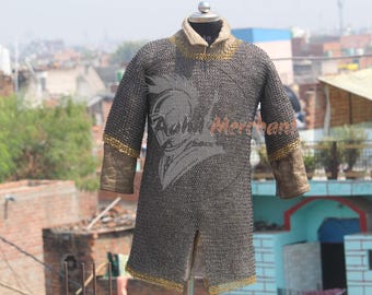 8mm Steel Riveted Chainmail Armor Shirt – Handmade Hauberk with Brass Edge
