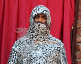8mm Riveted Chainmail Hood – Medieval Coif Helmet with Leather Ventail for Historical Reenactment