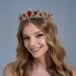 Red rhinestone crown, Colorful rhinestone tiara, Golden tiara, Crown tiara jewelry, Ruby tiara, Royal crown,Red gold tiara,Red wedding tiara
