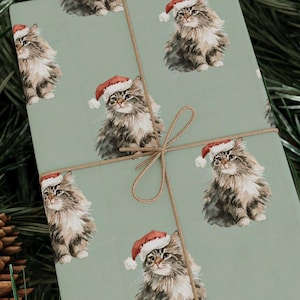 Papel de regalo navideño con diseño de gato de Papá Noel, papel de regalo navideño imagen 1