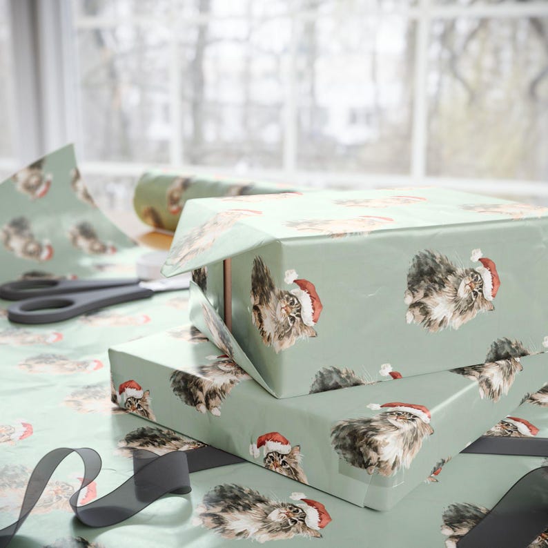 Papel de regalo navideño con diseño de gato de Papá Noel, papel de regalo navideño imagen 3