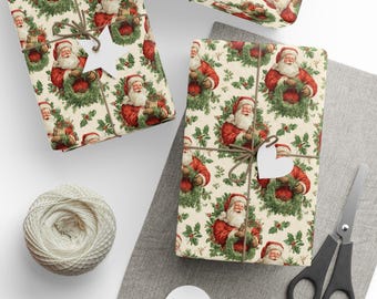May include: Christmas-themed gift wrap featuring a repeating pattern of Santa Claus holding a wreath. The gifts are tied with twine and adorned with white star and heart-shaped tags. A spool of twine and scissors are also present.