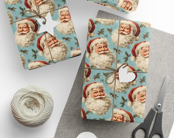 Papier do pakowania prezentów świątecznych w stylu retro. Nostalgiczny prezent dla gospodyni z motywem Świętego Mikołaja. Kolekcja świąteczna z motywem Świętego Mikołaja. Radosny i zabawny prezent w stylu retro.