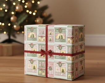 Watercolor Christmas Window Wrapping Paper, Cozy Holiday Village