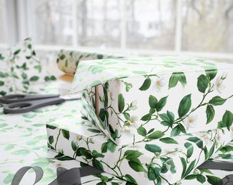 Vintage Botanical Gift Wrapping Paper, Green Leaf Floral Design