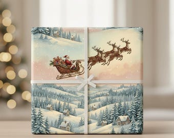 May include: Wrapped gift box featuring a winter landscape with Santa Claus in a sleigh pulled by reindeer. The wrapping paper has a watercolor design with a white ribbon tied around it. The overall theme is Christmas.
