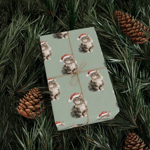 Santa Cat Christmas Wrapping Paper, Holiday Gift Wrap