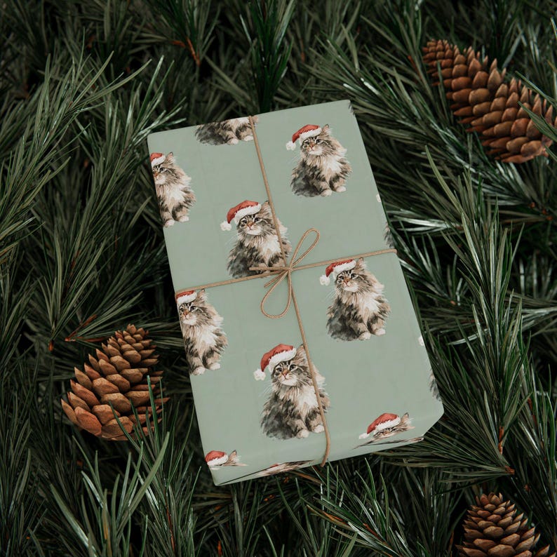 Papel de regalo navideño con diseño de gato de Papá Noel, papel de regalo navideño imagen 1
