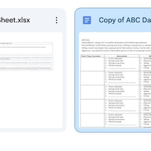 Peut inclure: Quatre documents numériques sont présentés. Les deux premiers sont des feuilles de calcul, intitulées "IntervalBehaviorData" et "FreqDataSheet.xlsx." Le troisième est un document intitulé "Copy of ABC Data." Le dernier est un PDF intitulé "DailyVisuals (1).pdf" avec les mots "Arrival" et "Morning Toys."