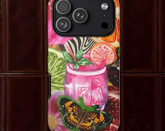 Funda para iPhone con collage de frutas tropicales / Bebida cítrica rosa, mariposa floral estilo verano