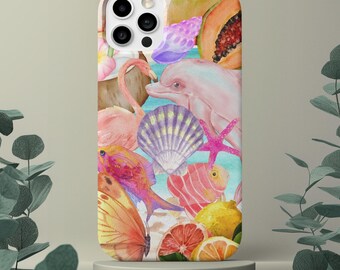 Funda para teléfono con diseño de playa tropical, flamenco, delfín y conchas marinas.