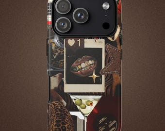Funda de teléfono con collage de lujo / Diseño de martini con estampado de leopardo y estética glamurosa / Funda con estilo moderno y audaz
