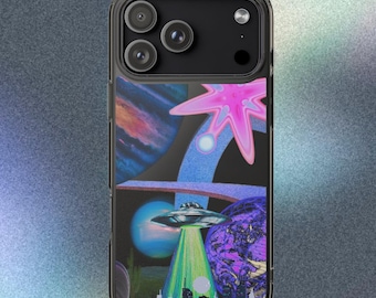 Funda para teléfono Vaporwave OVNI / Abducción extraterrestre retro, Ciudad de neón