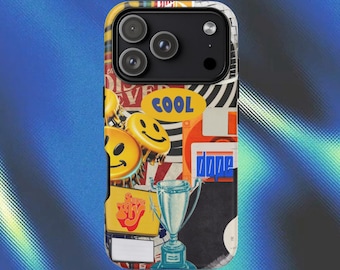 Funda para iPhone con collage Y2K, diseño pop art con emoticonos retro y gráficos de inspiración vintage.