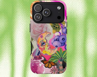 Funda para teléfono con diseño de collage / Diseño floral retro de frutas, funda protectora rosa estilo boho artístico para iPhone