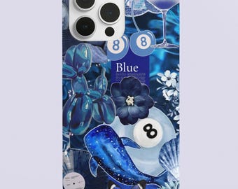 Funda para iPhone con collage azul: diseño de mariposa y concha