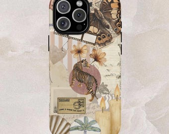 Funda para teléfono con collage vintage, beige, con diseño de mariposa y tigre