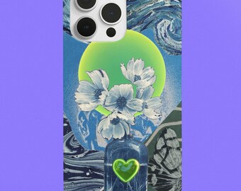Funda para teléfono con collage floral / Funda artística retro verde neón