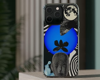 Impresión artística surrealista en negro y azul / Collage psicodélico de luna y flores