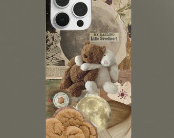Funda para teléfono con collage de osito de peluche y luna / Diseño retro cottagecore