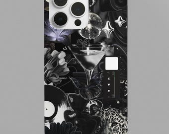 Funda para iPhone con collage completamente negro / Martini Y2K, leopardo y disco