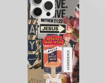 Funda para teléfono con collage cristiano: Ora, cree, recibe, Dios gana