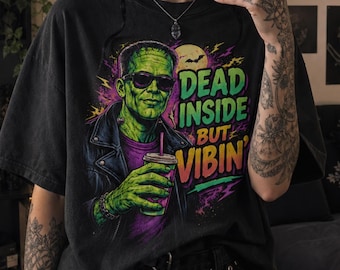 Frankenstein Shirt, Comfort Colors Tee, Horror Fan Gift, Neon Goth Monster T-Shirt, Dead Inside Retro Horror Monster Funny shirt Graphic Tee