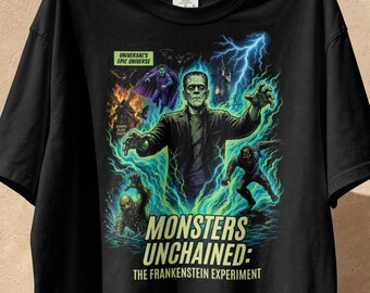 Monsters Unchained Frankenstein Shirt for Epic Universe Darkmoor Monsters T Shirt Burning Blade Tavern