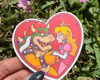 Princess Peach Bowser Stickers Holographic Romantic Couple Love Heart Vinyl Decal for Water Bottles Super Nintendo World Epic Universe