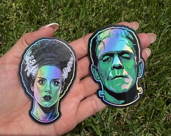 Frankenstein Sticker Bundle Classic Monsters, Bride of Frankenstein Retro Holographic Vinyl Handmade , Gothic aesthetic, dark romance