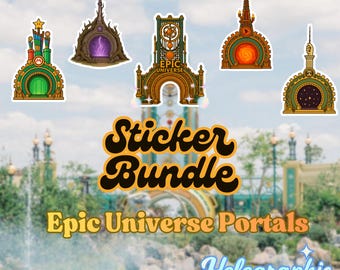 Epic Universe Portals Sticker Pack, Universal Epic Universe Decal Bundle, Holographic Sticker Pack, Universal Vinyl Stickers, 5 worlds