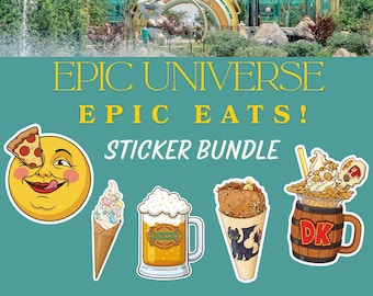 Epic Universe Sticker Pack, Holographic Decal Bundle, Epic Universe Merch, Mac and cheese cone, Pizza moon, donkey kong country