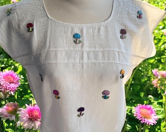Mushroom Embroidered Cotton Blouse Handmade
