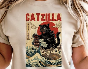 Catzilla Shirt Retro Japanese Great Wave Graphic Tee Ukiyo-e Art Cat Monster Godzilla T-shirt Funny Animal Kaiju Gift for Japan Anime Lovers