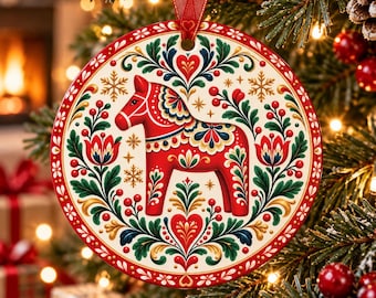 May include: A round ceramic Christmas ornament featuring a red Dala horse illustration at the center, surrounded by intricate green and red floral patterns, gold accents, and small snowflakes on a cream background, suspended by a red ribbon.