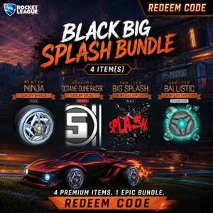 Può includere: Una grafica promozionale del pacchetto Rocket League Black Big Splash che mostra quattro articoli: ruote Ninja nere, una decalcomania Octane: Dune Racer cremisi, un'esplosione gol Big Splash nera e un'esplosione gol Ballistic bianco titanio.