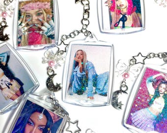 KATSEYE Kpop Bag Charm - Framed Double Sided Keychain with Silver Moon Charm and Silver Clasp