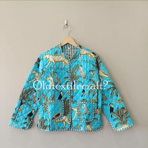 Blue Animal Print Jacket  for Women – Handmade Indian Quilted Short Jacket, Lightweight Ethnic Coat
